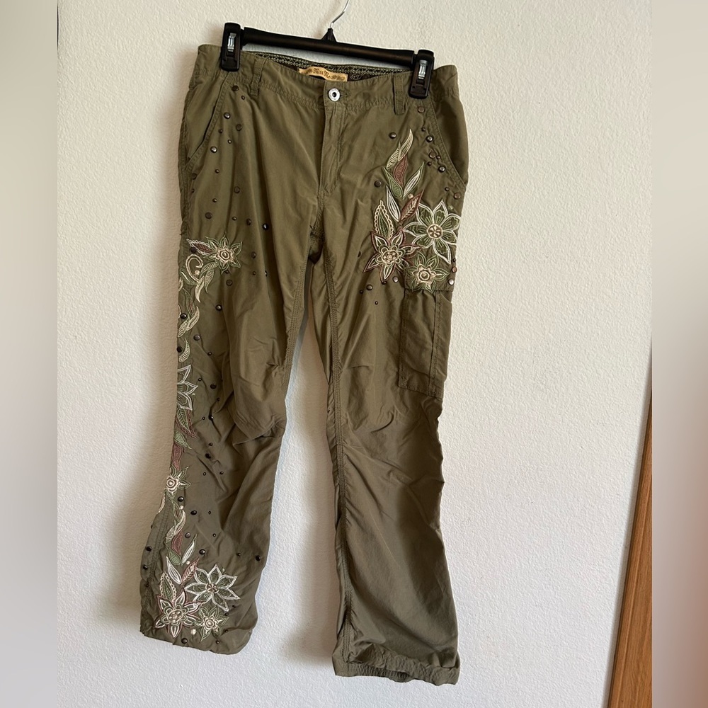 Vintage Y2K Miss Me Flare Low RiseCargo Womens Pants with embroidered detail